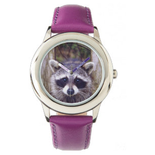 Lila der lederne Bügel-Uhr des Kindes mit Raccoon Armbanduhr