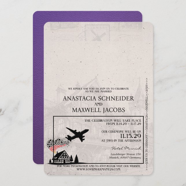 Lila Deutschland-Pass-Hochzeit Einladung (Vorne/Hinten)