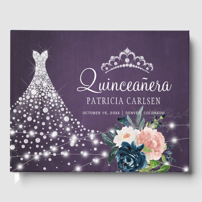 Lila Diamantenprinzessin Tiara quinceanera Gästebuch (Vorderseite)