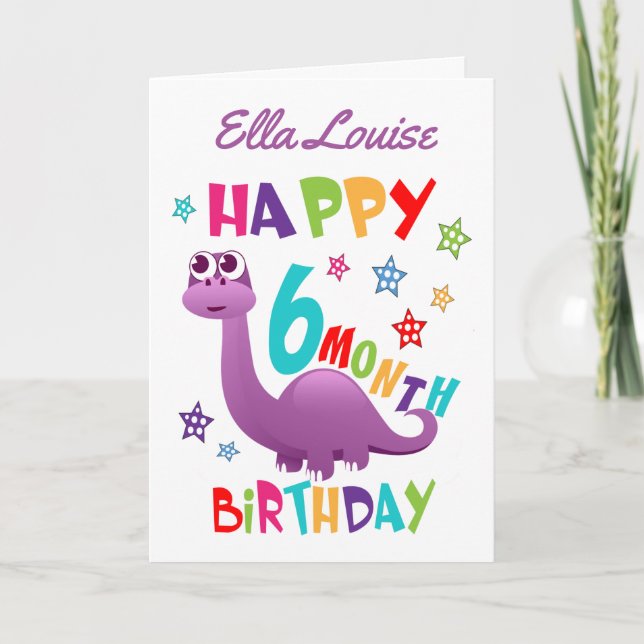 Lila Dinosaurier 6 Monate Geburtstag Karte (Vorderseite)