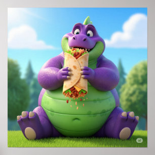 Lila Dinosaurier, der ein Burrito genießt Poster