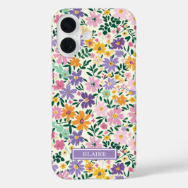 Lila Ditsy Blumen Monogramm iPhone 16 Hülle