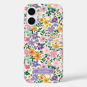 Lila Ditsy Blumen Monogramm iPhone 16 Hülle