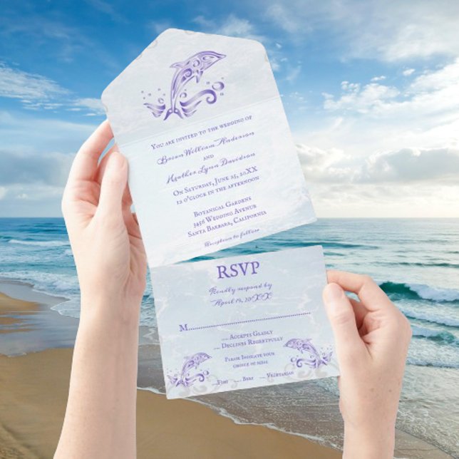 Lila Dolphin auf einer Hochzeit All In One Einladung (Purple Dolphin All in One Wedding Invite)