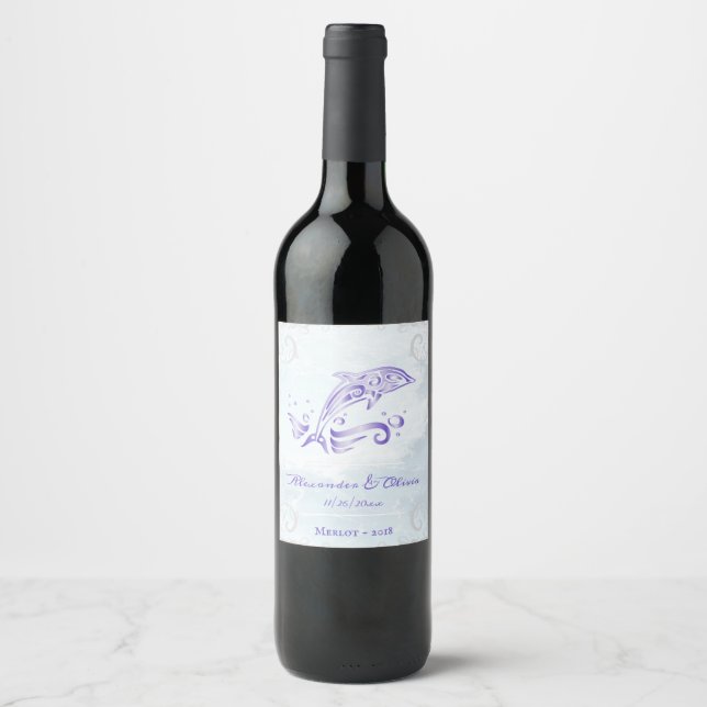 Lila Dolphin Wedding Wine Label Weinetikett (Vorderseite)