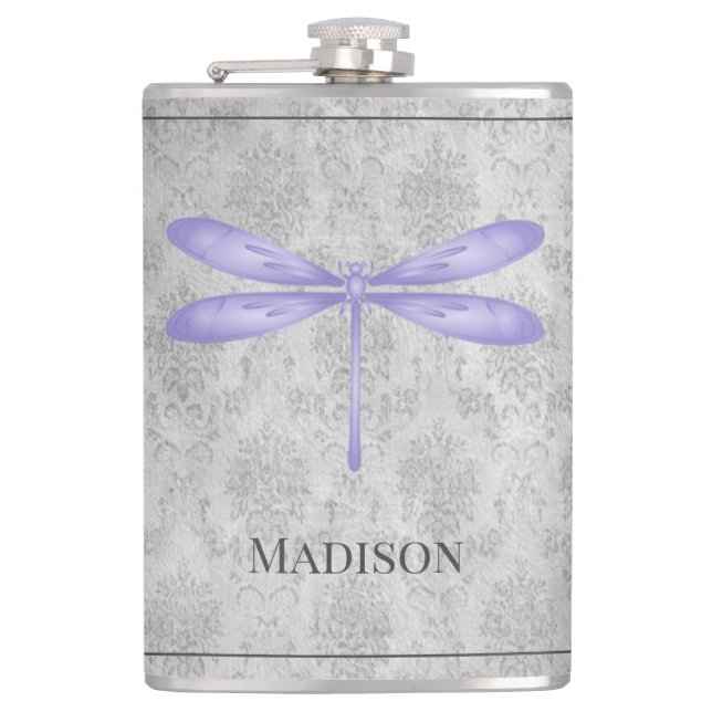 Lila Dragonfly-Damask-Flasche Flachmann (Vorderseite)