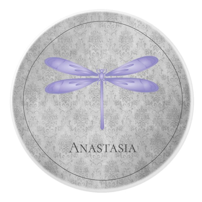 Lila Dragonfly Damask Keramikknauf (Vorderseite)