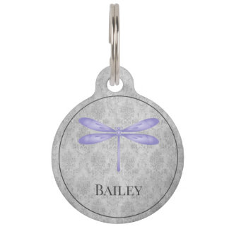 Lila Dragonfly-Damask-Runde-Tag Haustiermarke