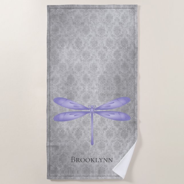 Lila Dragonfly Damask Strandtuch (Vorderseite)