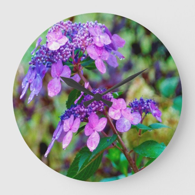 Lila Drehung und Shout Hydrangea-Blume Große Wanduhr (Vorderseite)