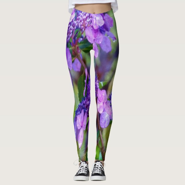 Lila Drehung und Shout Hydrangea-Blume Leggings (Vorderseite)