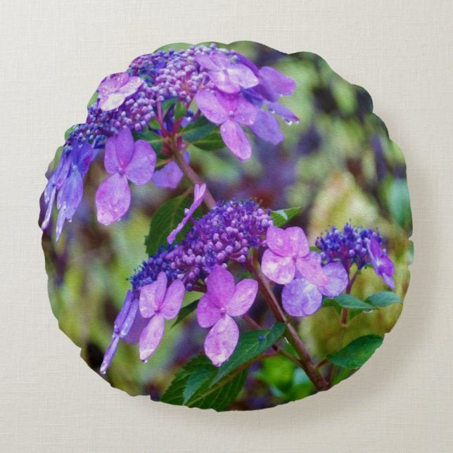 Lila Drehung und Shout Hydrangea-Blume Rundes Kissen (Vorderseite)