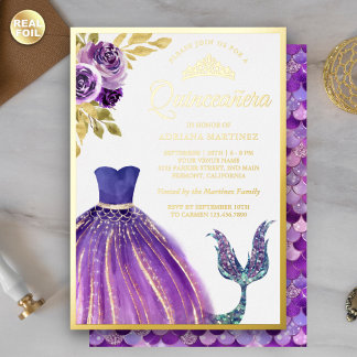 Lila Dress Mermaid Schwanz Quinceanera Gold Folieneinladung