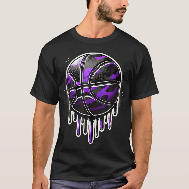 Lila Drip Basketball Tarnmuster T-Shirt (Vorderseite)