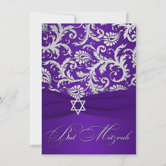 LILA DRUCKER RIBBON, Silver Damask Bat Mitzvah Einladung (Vorderseite)