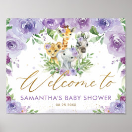 Lila Dschungeltiere Babydusche Willkommen Poster
