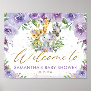 Lila Dschungeltiere Babydusche Willkommen Poster