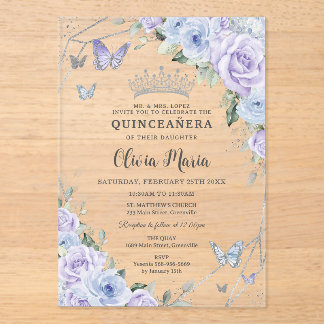 Lila Dusty Blue Floral Butterfliegen Quinceañera Acryleinladungen
