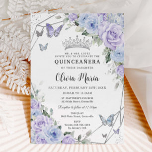 Lila Dusty Blue Floral Butterfliegen Quinceañera Einladung