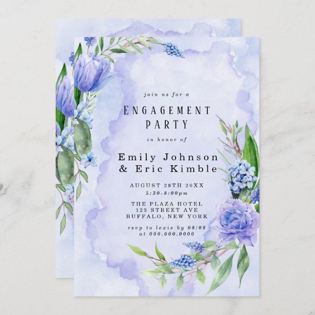 Lila Dusty Blue Hyacinth Peony Engagement Party Einladung (Vorne/Hinten)