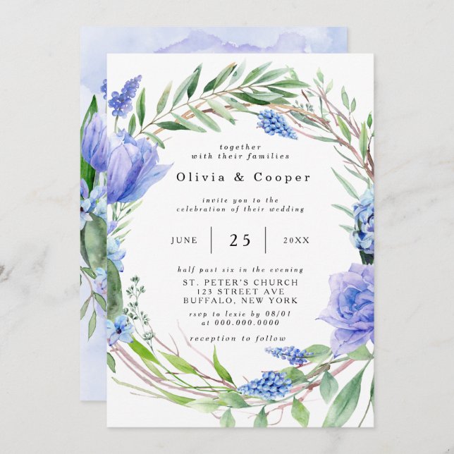 Lila Dusty Blue Hyacinth Peony Wreath Wedding Einladung (Vorne/Hinten)
