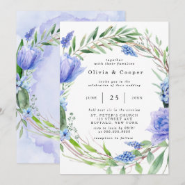 Lila Dusty Blue Hyacinth Peony Wreath Wedding Einladung