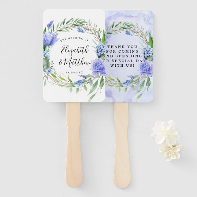 Lila Dusty Blue Tulip Hyacinth Peony Wedding Fächer (Vorne und Hinten)
