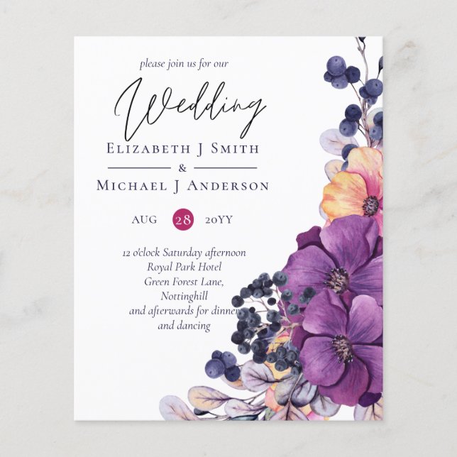 Lila Dynastie Dark Floral Budget Hochzeit lädt ein Flyer (Vorne)