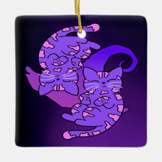 Lila Edeltini Retro Neon Kittens Keramikornament (Vorderseite)