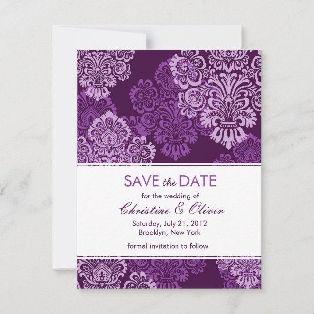 Lila Eggplant Damask Save the Date (Vorderseite)
