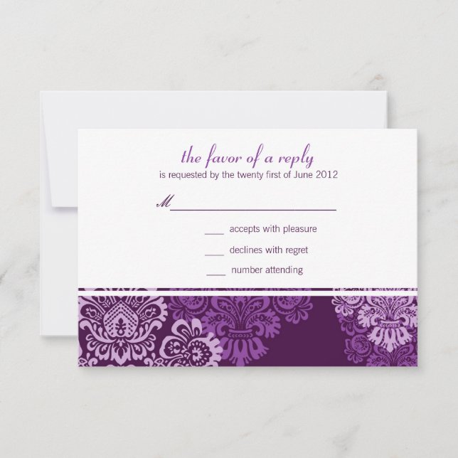 Lila Eggplant Damask Wedding Response Card RSVP Karte (Vorderseite)