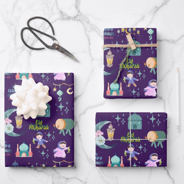 Lila | Eid Al-Fitr Mubarak Geschenkpapier Set (Vorderseite)