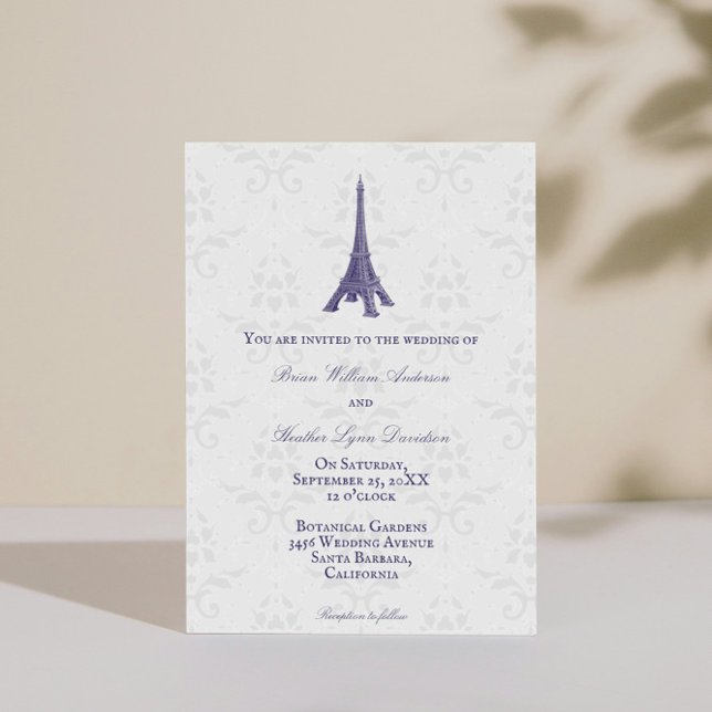 Lila Eiffelturm Damask Einladung (Purple Eiffel Tower Damask Wedding Invitation)