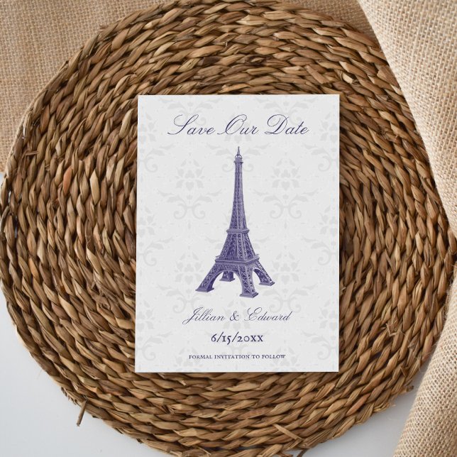 Lila Eiffelturm Damask Save the Date Ankündigung (Purple Eiffel Tower Damask Save the Date)