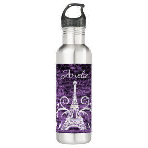 Lila Eiffelturm Grunge Wasserflasche Edelstahlflasche