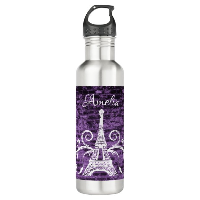 Lila Eiffelturm Grunge Wasserflasche Edelstahlflasche (Vorderseite)