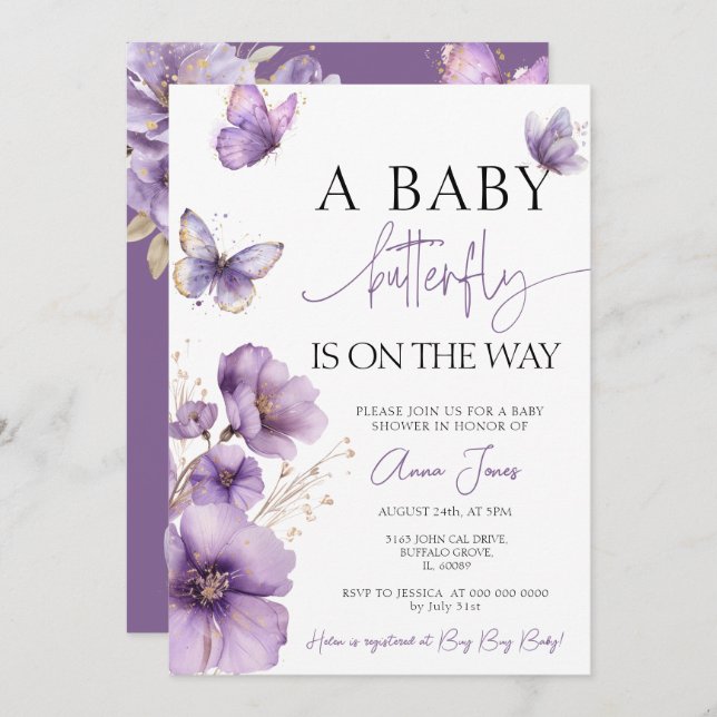 Lila Ein Babyschmetterling ist gerade unterwegs zu Einladung (Vorne/Hinten)