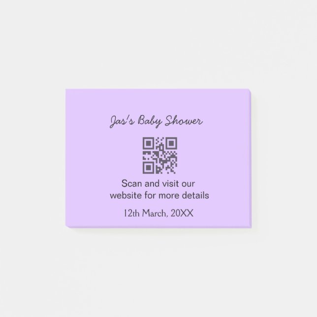 Lila einfache Babyshower-QR-Code mit Namenstext Post-it Klebezettel (Vorderseite)