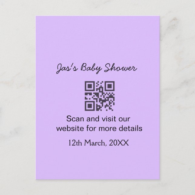 Lila einfache Babyshower-QR-Code, Name-Text hinzuf Postkarte (Vorderseite)