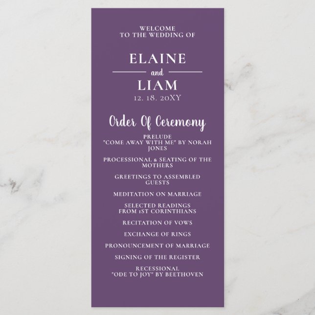 Lila einfache Kalligrafie Moderne Hochzeit Programm (Vorderseite)