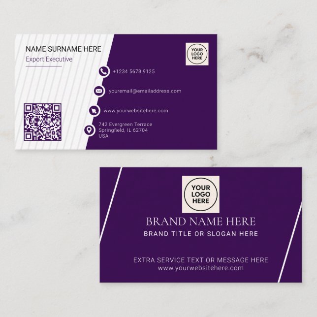 Lila einfacher formaler QR-Code Beruflich modern Visitenkarte (Vorne/Hinten)