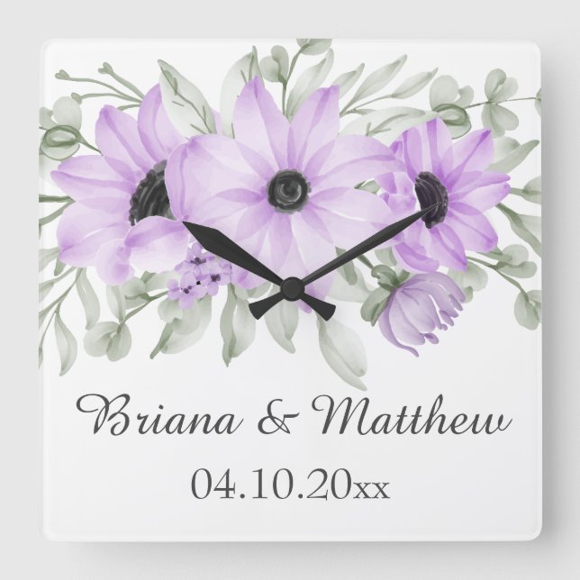 Lila Einfaches Geschenk für florale Brautpartys Quadratische Wanduhr (Vorderseite)