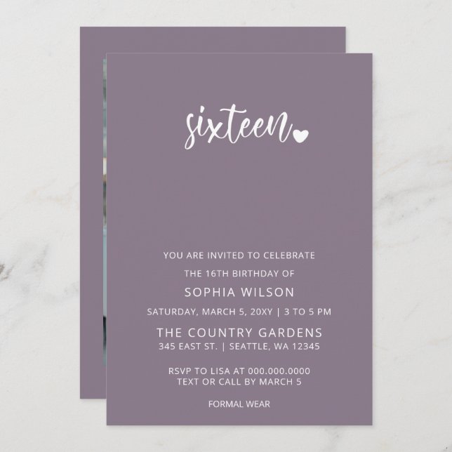 Lila einfaches Script Sweet 16 Geburtstag Foto Einladung (Vorne/Hinten)