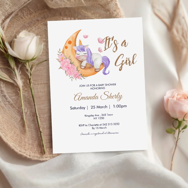 Lila Einhorn auf dem Mond Kinderdusche Einladung (Purple Unicorn on the Moon Baby Shower Invite)