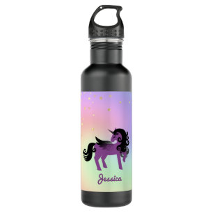 Lila Einhorn auf Pastel Rainbow and Stars Edelstahlflasche