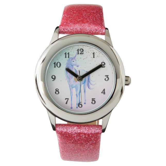 Lila Einhorn Gold Glitzer Herz Armbanduhr (Vorderseite)