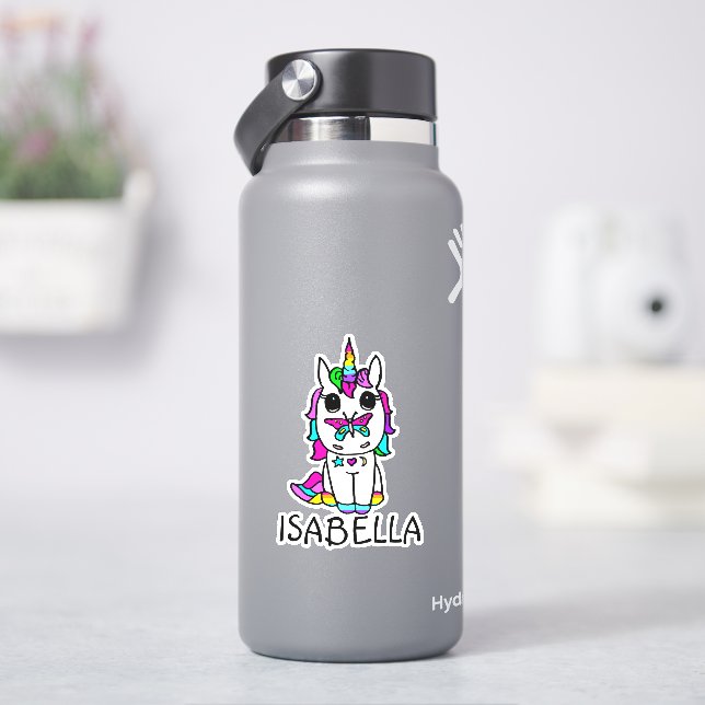 Lila Einhorn- und Schmetterlingsname Personalisier Aufkleber (HydroFlask)