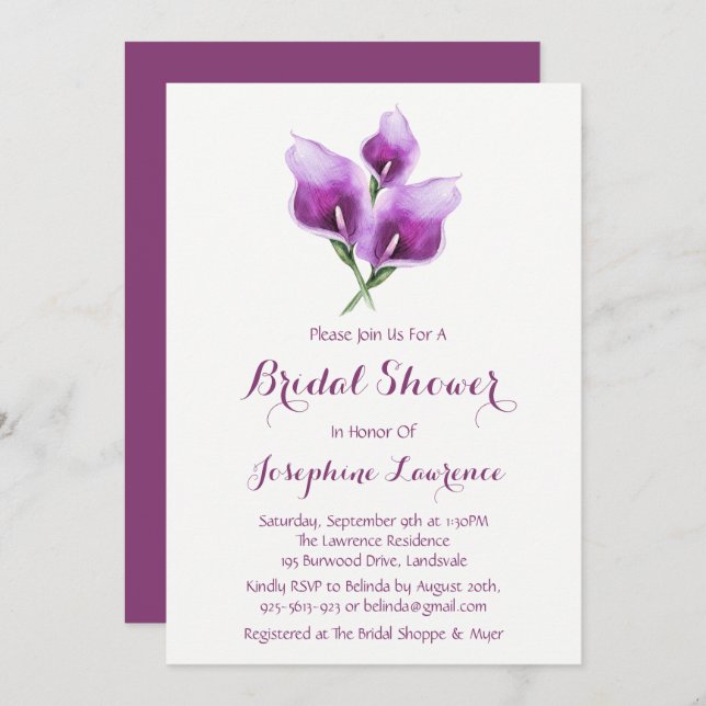 Lila Einladung von Calla Lily Bridal Dusche (Vorne/Hinten)