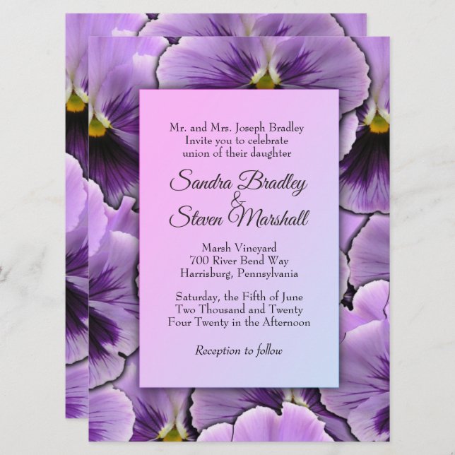 Lila Einladung von Pansy Hochzeit (Vorne/Hinten)