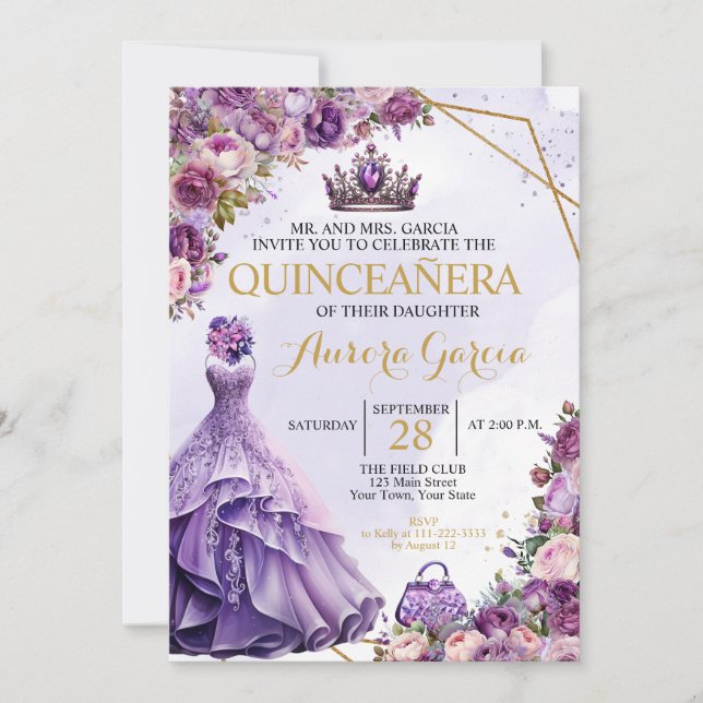 Lila Einladung von Quinceanera (Vorderseite)